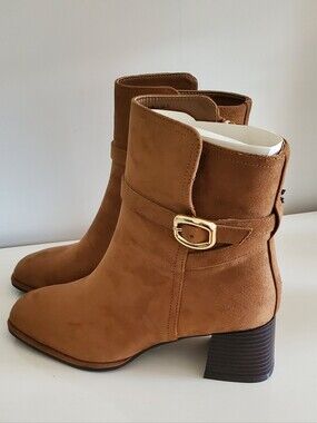 Liz Claiborne Tan Suede Ankle Booties with Gold Buckle